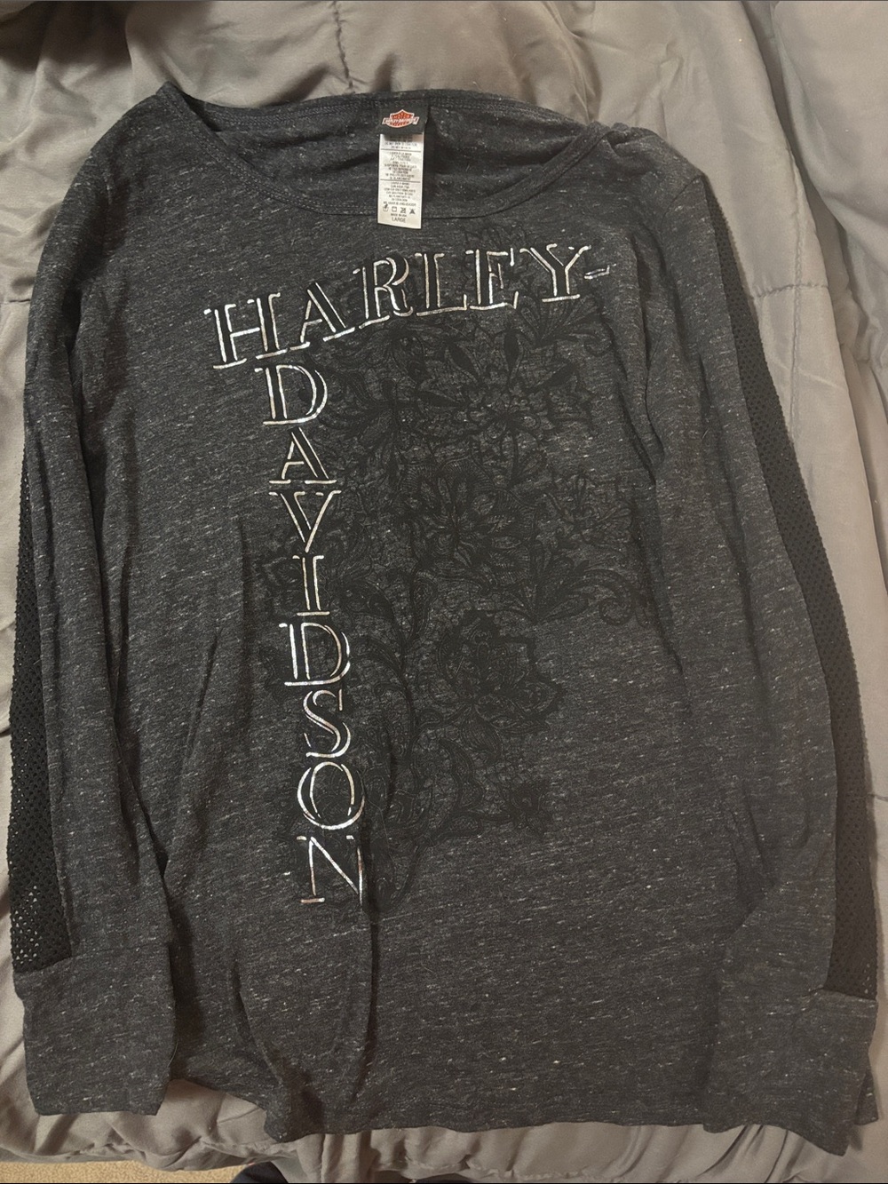 Harley-Davidson Charcoal Gray Floral Logo Long Sleeve Top